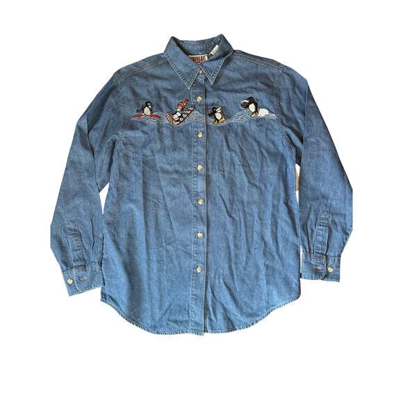 Bill Blass Vintage Denim Embroidered Sledding Penguins Button Down Shirt New - Picture 1 of 9